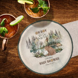 Rustic Forest Oh Boy Bearly Wait Baby Shower  Paper Plate<br><div class="desc">The animals have gathered in this rustic watercolor woodland forest for your "Oh Boy" "We Can Bearly Wait!" bear boy baby shower celebration. A brown bear sits at the base of the forest by the lake and keeping him company is a cute little raccoon and in the background under a...</div>