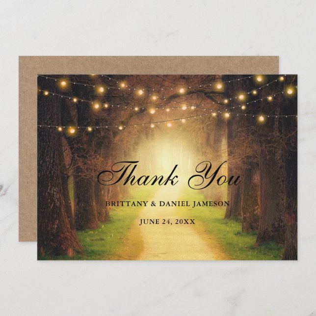 Rustic Forest Path String Lights Kraft Wedding Thank You Card (Front/Back)