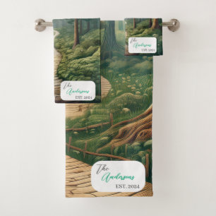 Rustic Forest Path with Name & Year Bath Towel Set