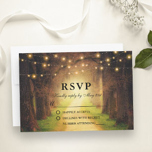 Rustic Forest Path with String Lights Wedding RSVP Card