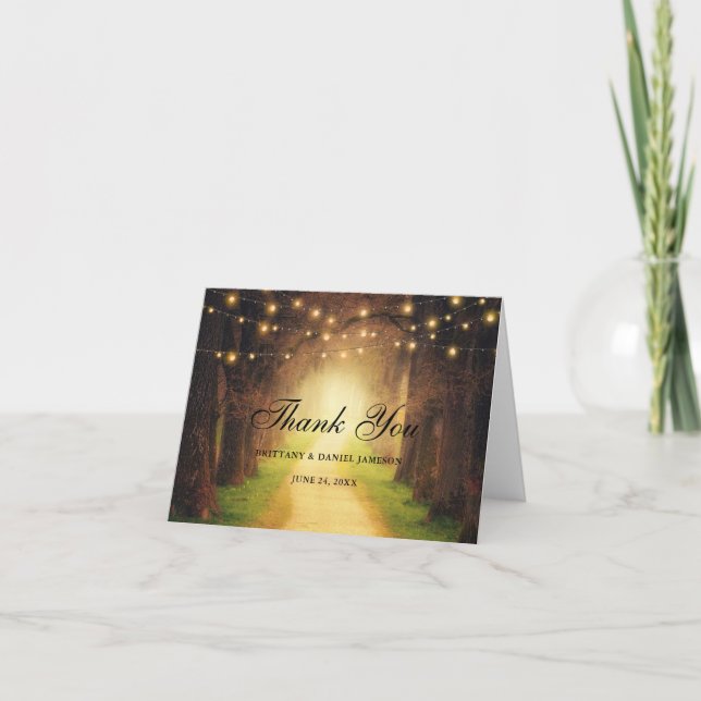 Rustic Forest Path Wood String Lights Wedding Note Thank You Card (Front)