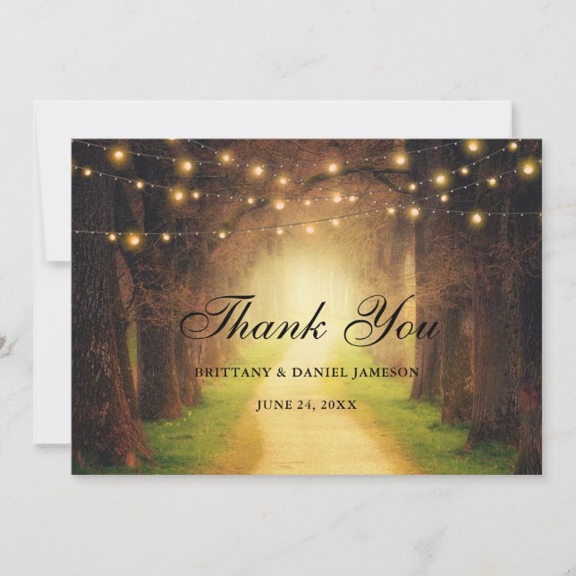 Rustic Forest Path Wood String Lights Wedding Thank You Card (Front)