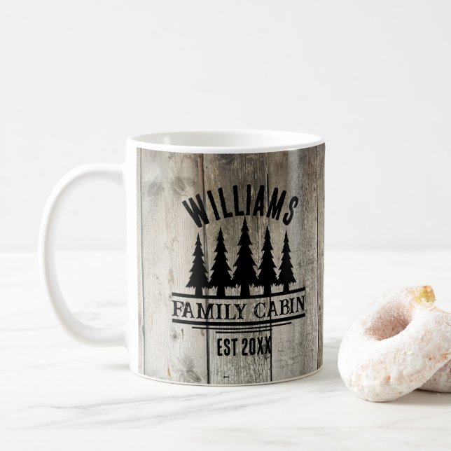 Rustic Forest Personalized Family Cabin Name Est Coffee Mug (With Donut)