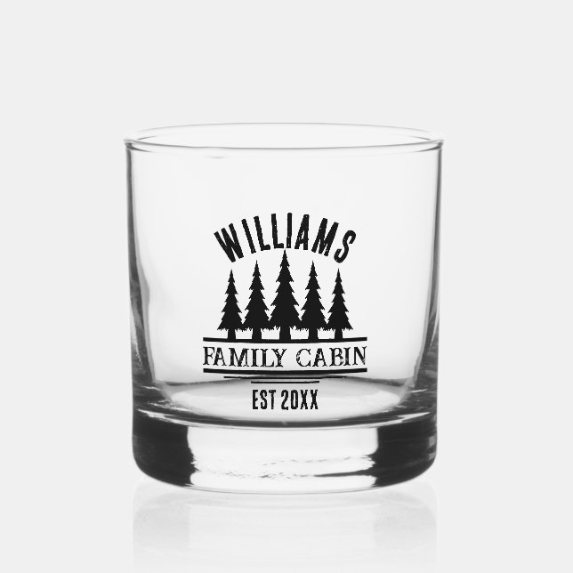 Rustic Forest Personalized Family Cabin Name Est Whiskey Glass (Front)