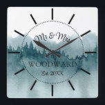 Rustic Forest Personalized Newlyweds Large Clock<br><div class="desc">A rustic modern light blue watercolor forest monogrammed wedding wall clock with date established. A perfect newlyweds gift for a couple who loves nature,  or has a cabin in a forest environment.</div>