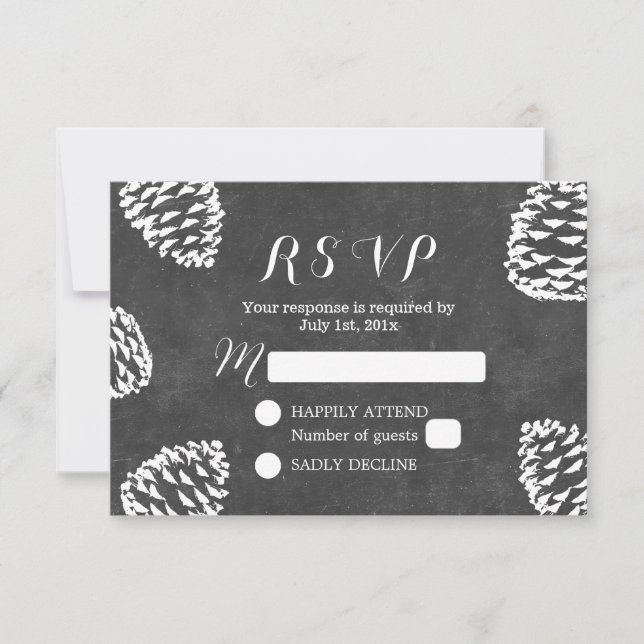 Rustic Forest Pine Cones Chalkboard Wedding RSVP Card (Front)