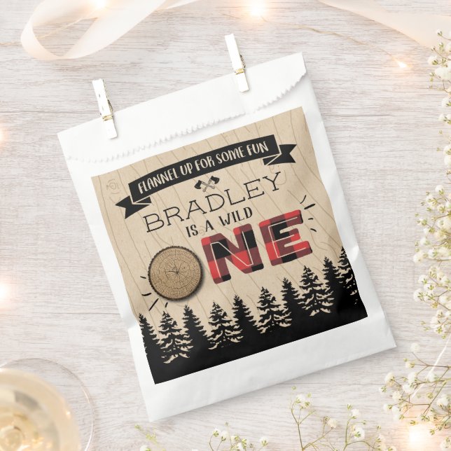 Rustic Forest Plaid Lumberjack Boys 1st Birthday Favour Bag (Clipped)