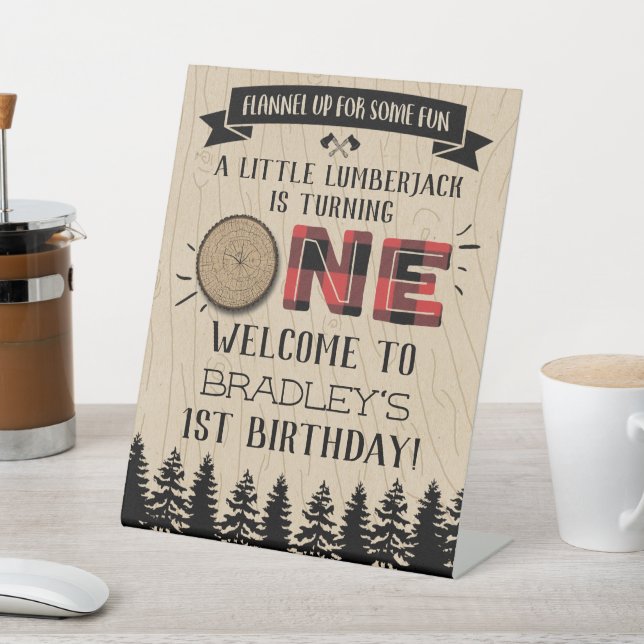 Rustic Forest Plaid Lumberjack Boys 1st Birthday Pedestal Sign (In SItu)