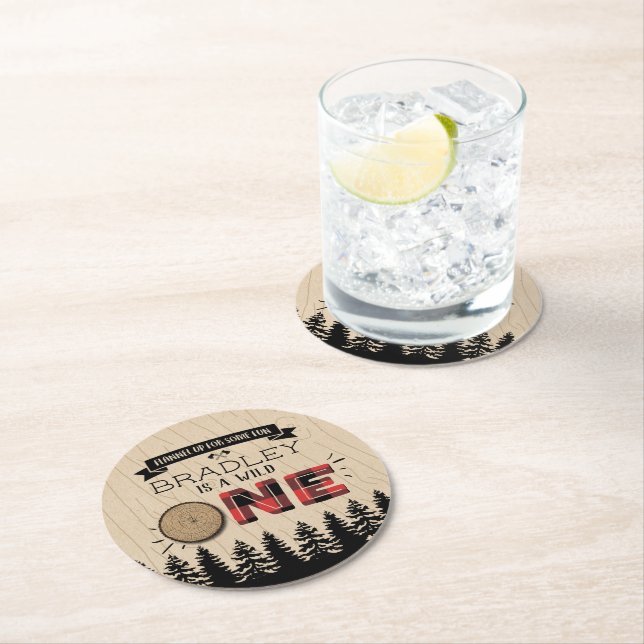 Rustic Forest Plaid Lumberjack Boys 1st Birthday Round Paper Coaster (Insitu)