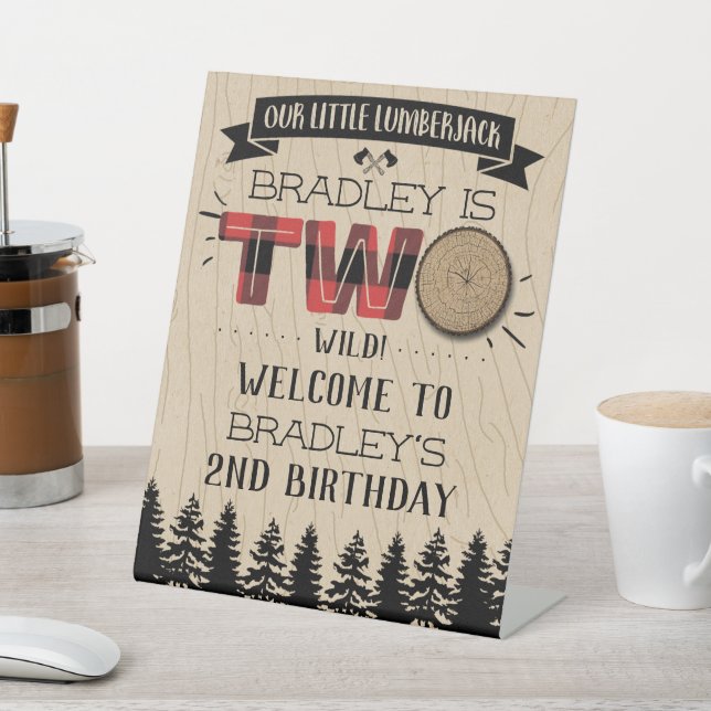 Rustic Forest Plaid Lumberjack Boys 2nd Birthday Pedestal Sign (In SItu)