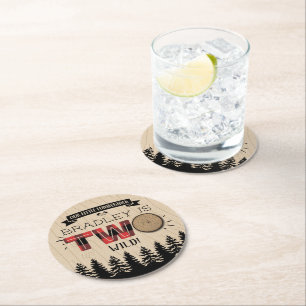 Rustic Forest Plaid Lumberjack Boys 2nd Birthday Round Paper Coaster