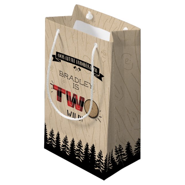 Rustic Forest Plaid Lumberjack Boys 2nd Birthday Small Gift Bag (Front Angled)