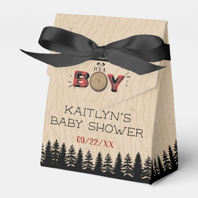 Rustic Forest Plaid Lumberjack Boys Baby Shower Favor Box (Front Side)