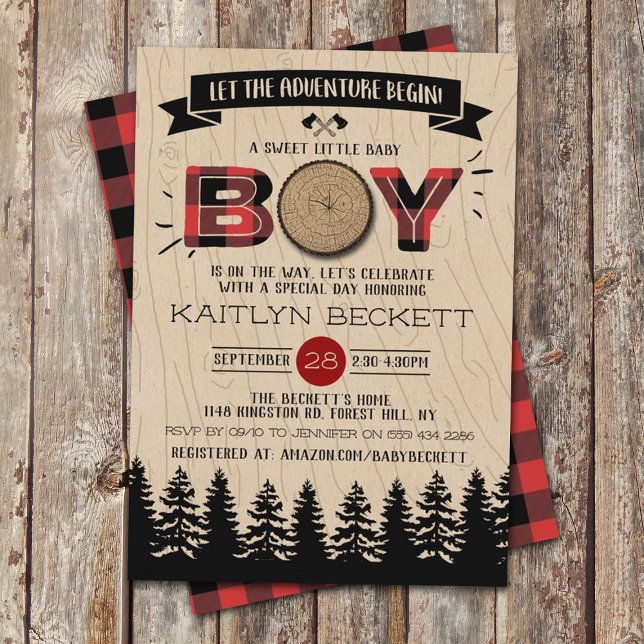 Rustic Forest Plaid Lumberjack Boys Baby Shower Invitation (Creator Uploaded)