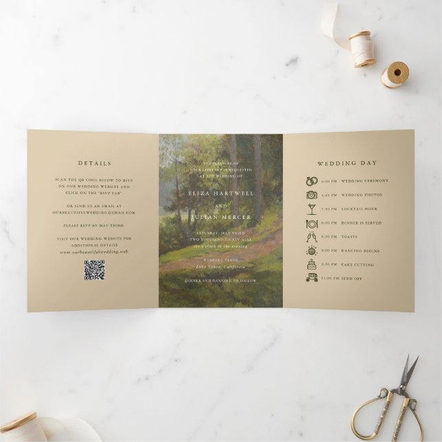 Rustic Forest QR Code Elegant Wedding Tri-Fold Invitation (Inside)