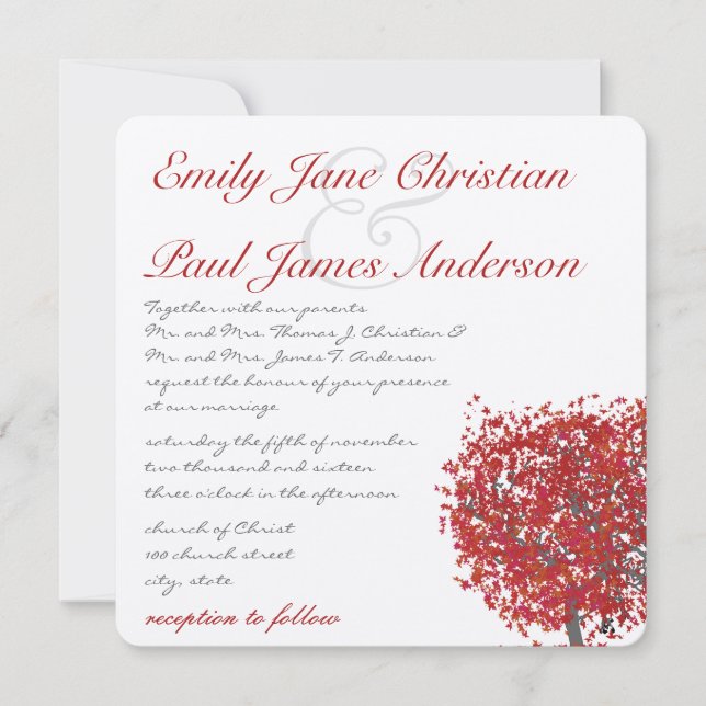 Rustic Forest Red Tree Wedding Invitation (Front)