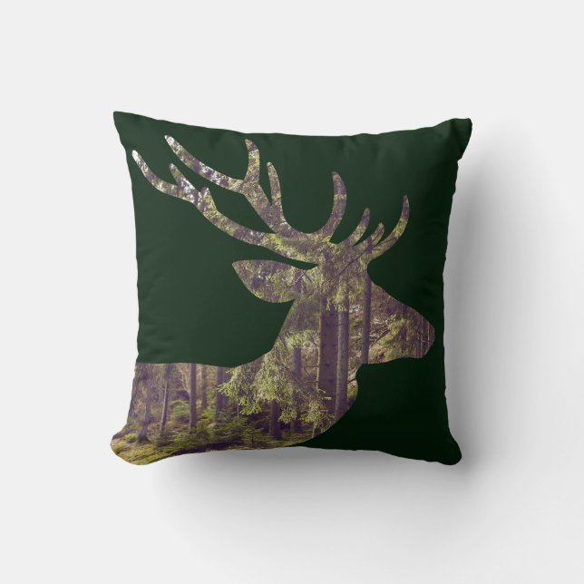 Rustic Forest Scene Deer on Dark Green Throw Pillow (Front)
