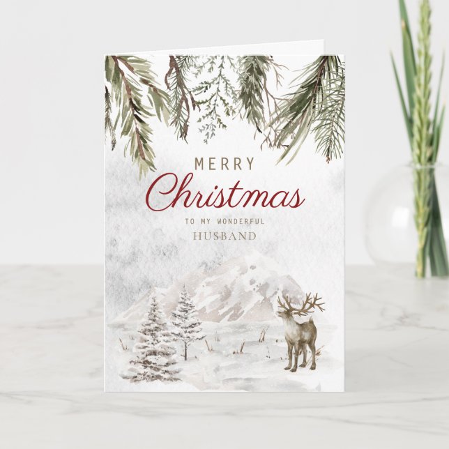 Rustic Forest Snow Mountain Husband Christmas Holiday Card (Front)