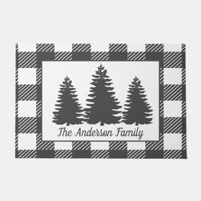 Rustic Forest Trees & Buffalo Check Plaid Doormat (Front)