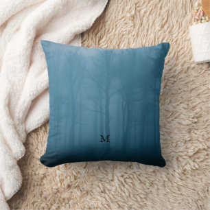 Rustic forest trees in the mist monogrammed throw pillow