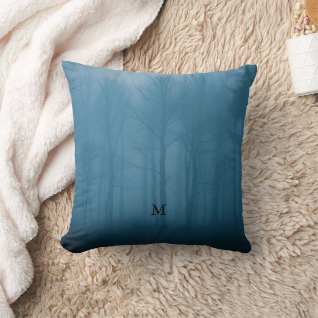 Rustic forest trees in the mist monogrammed throw pillow (Blanket)