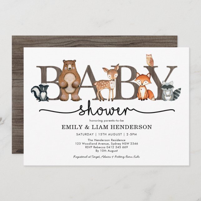 Rustic Forest Woodland Animals Baby Shower Invitation (Front/Back)
