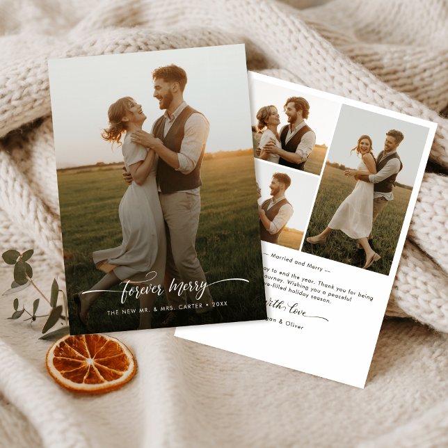 Rustic Forever Merry Christmas Newlywed 4 Photo Holiday Card (Creator Uploaded)