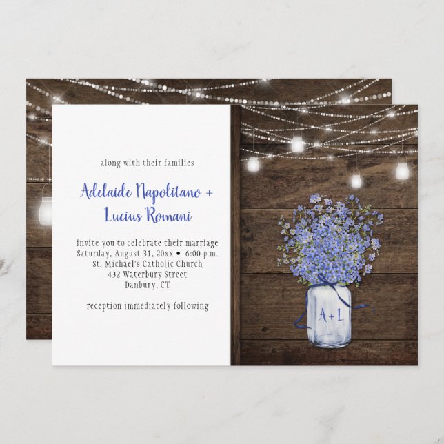 Rustic Forget Me Nots Mason Jar String Lights Invitation (Front/Back)