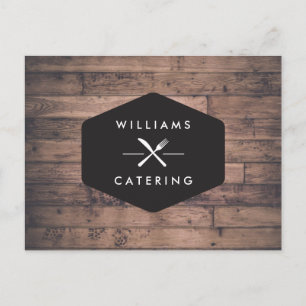 Rustic Fork Knife Catering Logo on Distressed Wood Postcard