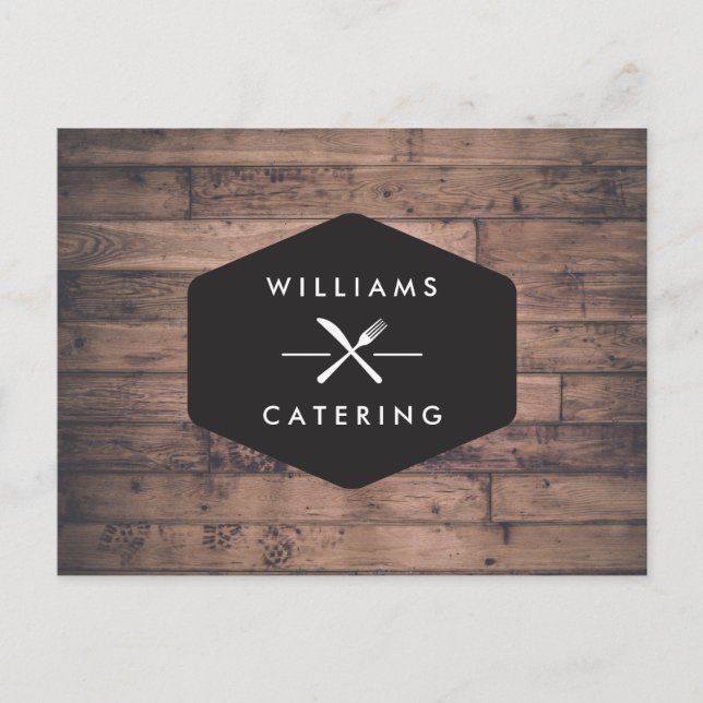 Rustic Fork Knife Catering Logo on Distressed Wood Postcard (Front)