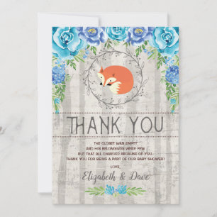 Rustic Fox Blue Floral Woodland Boy Baby Shower Thank You Card
