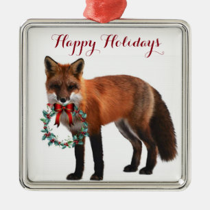 Rustic Fox Square Metal Christmas Ornament