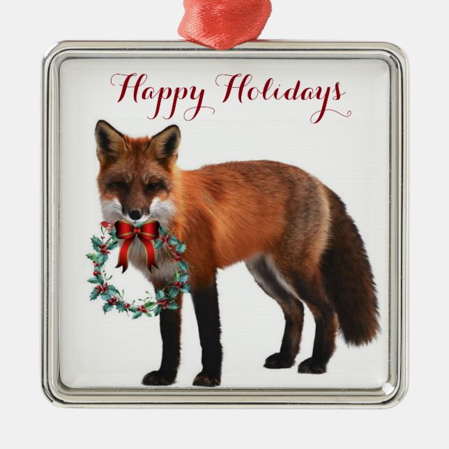 Rustic Fox Square Metal Christmas Ornament (Front)