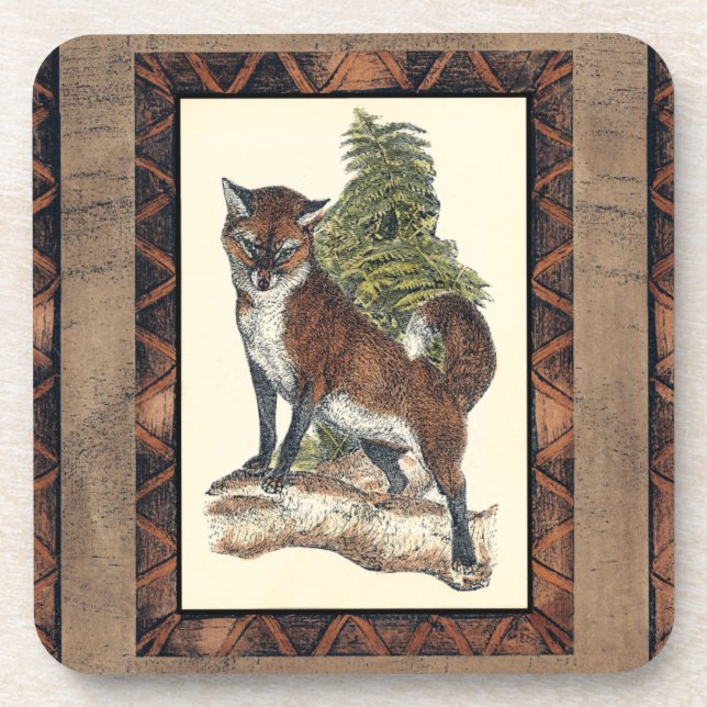 Rustic Fox Stepping on a Tree Trunk Coaster (Front)