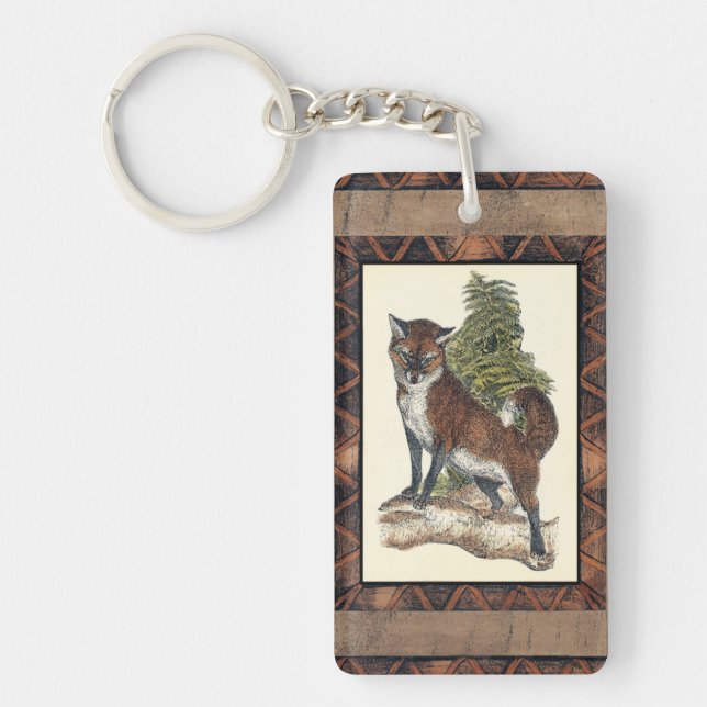 Rustic Fox Stepping on a Tree Trunk Keychain (Front)