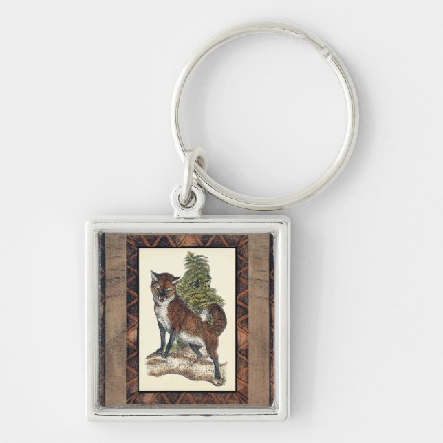 Rustic Fox Stepping on a Tree Trunk Keychain (Front)
