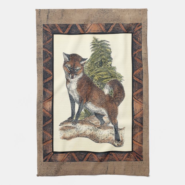 Rustic Fox Stepping on a Tree Trunk Kitchen Towel (Vertical)