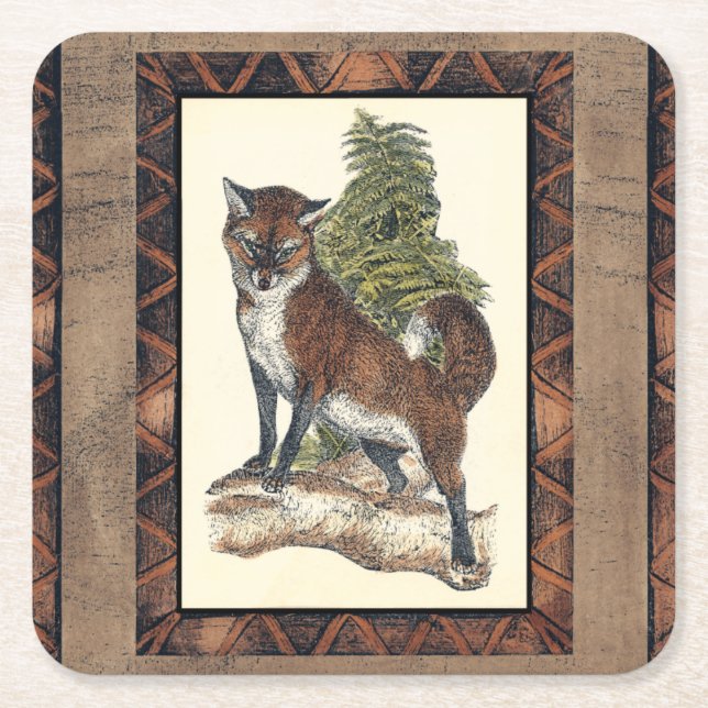 Rustic Fox Stepping on a Tree Trunk Square Paper Coaster (Front)
