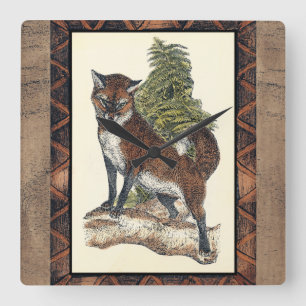 Rustic Fox Stepping on a Tree Trunk Square Wall Clock