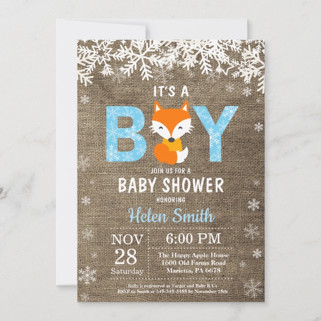 Rustic Fox Winter Boy Baby Shower Invitation (Front)