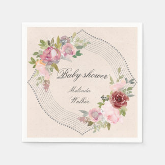 rustic frame pink burgundy floral baby shower napkin