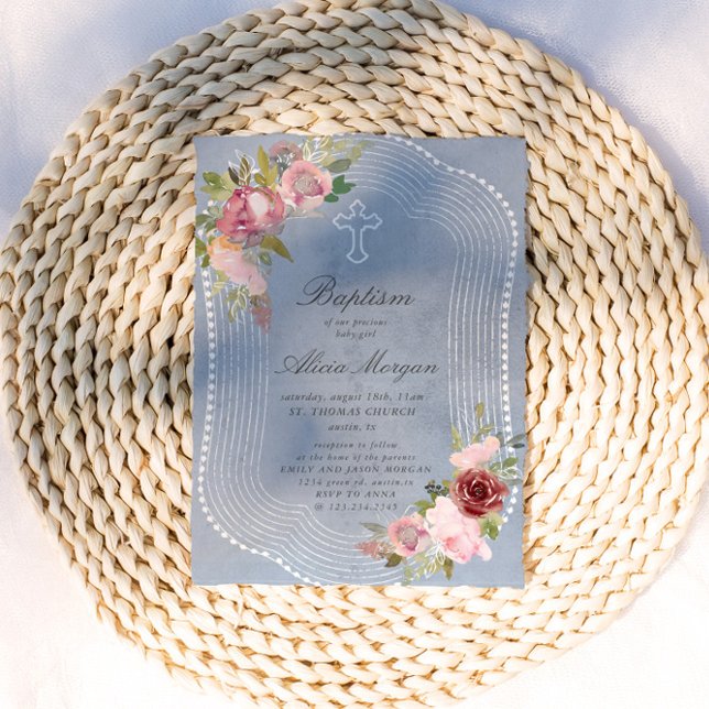 Rustic Frame Pink Burgundy Floral Baptism Invitation (Creator Uploaded)