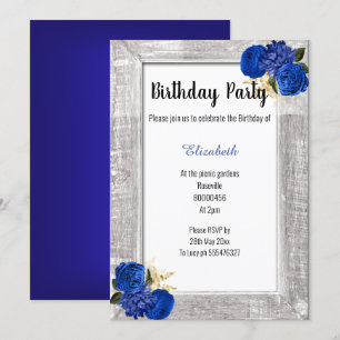 RUSTIC FRAME ROYAL BLUE FLORAL BIRTHDAY INVITATION