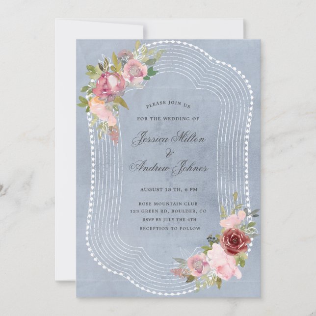 rustic frame soft pink burgundy floral wedding invitation (Front)