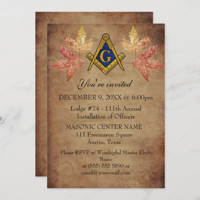 Rustic Freemason Masonry Autumn Fall Masonic  Invitation (Front/Back)