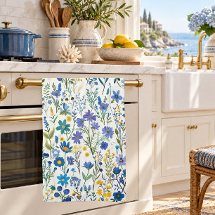 Rustic French Blue Garden Wildflowers Kitchen Towel