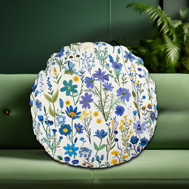 Rustic French Blue Garden Wildflowers Round Pillow (Creator Uploaded)