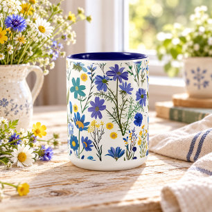 Rustic French Blue Garden Wildflowers Two-Tone Coffee Mug