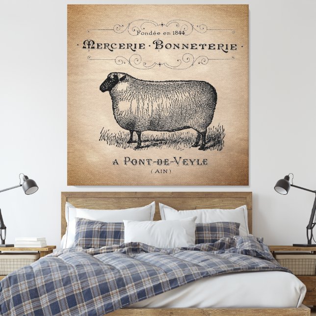 Rustic French Country Sheep Typography Farmhouse  Canvas Print (Insitu(Bedroom))