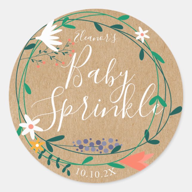 Rustic fresh spring floral garland baby sprinkle classic round sticker (Front)